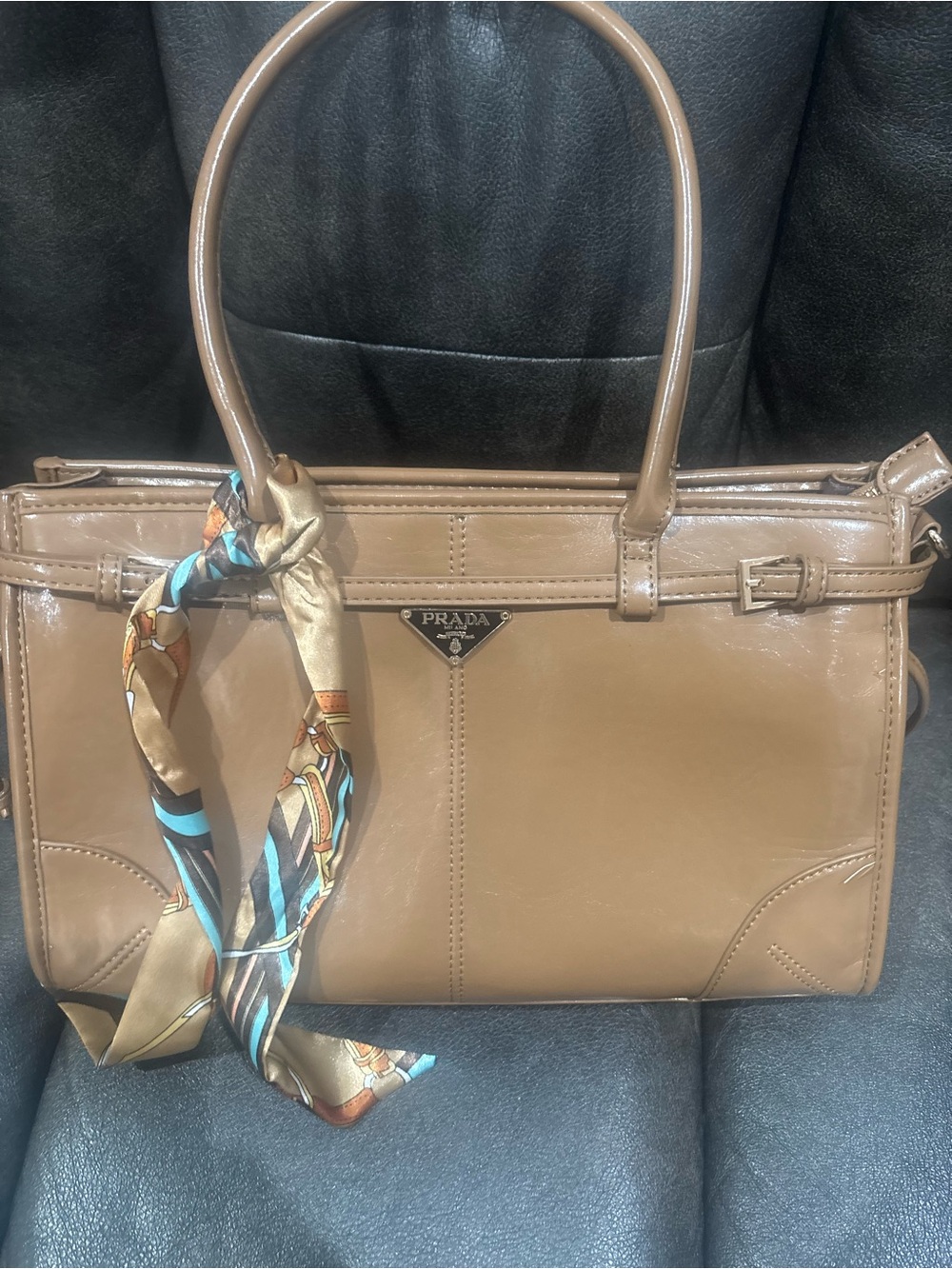 Tan Leather Satchel with Decorative Scarf